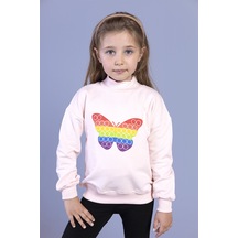 Toontoy Kız Çocuk Pamuklu Balıkçı Yaka Popıt Desenli Sweatshirt Pudra