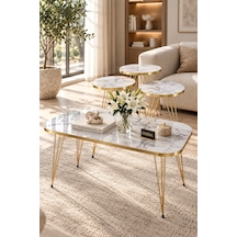 Odera Efes Beyaz Mermer Desenli Oval Orta Sehpa Ve Yuvarlak Zigon Sehpa 4'lü Set Gold Pvc Kenarlı Metal Ayaklı Retro Modern Salon Sehpası Diğer