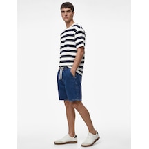 Koton Rahat Kalıp Cepli Pamuklu Bermuda Beli Bağcıklı Baggy Jean Şort Orta İndigo 6sam40284nd