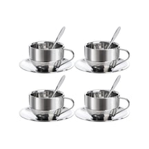 Çelik 4 Adet 3 Parça 180 Ml Çift Cidar Espresso Kahve Fincan Set Sunum Bardağı Gri
