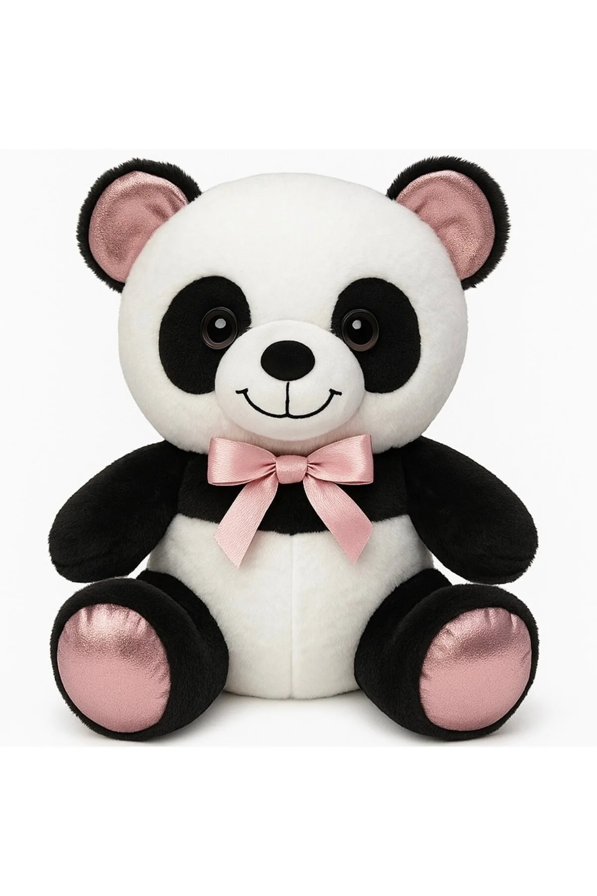 Panda Pembe Kurdeleli 50 Cm Sevimli & Yumuşak Oyuncak Siyah - Pembe