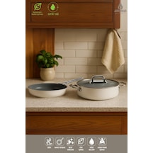 3 Parça Nova Midi Yanmaz Yapışmaz Seramik Basık Tencere Tava Seti 24 Cm Beyaz