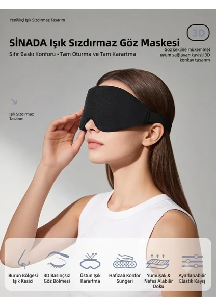 Premium 3d Uyku Göz Maskesi, %100 Işık Engelleme, Hafızalı Köpük Uyku Bandı Siyah