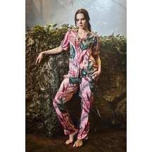 Monamise Kadın Yaprak Desenli Önü Boydan Düğmeli Pijama Takımı Pembe