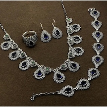 Damla Model Safir Taşlı Gümüş Oksitli Telkari Kadın Set