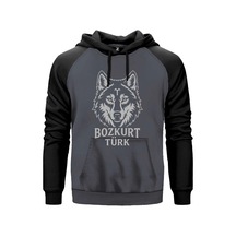 Beyaz Çizgisel Kurt Başı Bozkurt Türk Yazılı Baskılı Gri Renk Reglan Kol Sweatshirt Kapşonlu