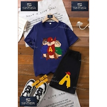 Ss Sinser Çocuk Unisex Alvin 3lu Sincap Renkli Tuval Özel Baskılı Bisiklet Yaka Tişört - Şort Alt - Üst Çocuk Takım Renk:lacıvert Lacivert