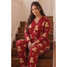 Siyah İnci Desenli Termal Kumaşlı Ultra Soft Yumuşak Büyük Beden Battal Boy Düğmeli Örme Pijama Takımı 26226521 Kırmızı