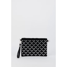 Vivaq Kadın Sıralı V Gümüş Taşlı Süet Bilek Askılı Ve Zincir Askılı Portföy Ve Clutch Çanta SİYAH