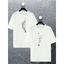 Unisex Kadın Erkek Aslan Baskılı Sevgili Çift Kombini Tasarım Oversize T-shirt 2'li Beyaz Mck2403 Beyaz