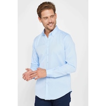 Tudors Slim Fit Uzun Kollu Dar Kesim Düğmeli Yaka Pamuklu Düz Oxford Mavi Erkek Gömlek-31026-mavi Mavi