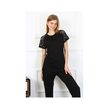Akbeniz Kadın Kolu Dantelli Penye Pijama Takım 4147 - S Siyah