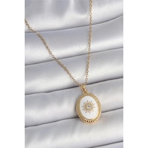 316l Çelik Gold Renk Zincir Beyaz Mineli Güneş İşlemeli Zirkon Taş Detaylı Madalyon Model Kadın Kolye Diğer