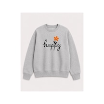 Herkesemoda Happy Baskı Detaylı Şardonlu 2 İplik Bisiklet Yaka Sweatshirt Gri