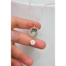 Papatya Silver 925 Ayar Gümüş Rose Kaplama Yeşim Taşı Tasarım Sedef Manolya Çiçeği Kolye