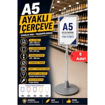 5 Adet - A5 Ayaklı Menü Ve Fiyat Bilgi Standı Yuvarlak Tabanlı Teleskopik Çerçeve Etiketlik Şeffaf