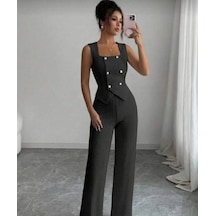 DefyModa Kadın Düğme Detay Yelek Ve Bol Paça Pantolon Bürümcük Kumaş Ikili Takım Kahverengi