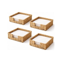 Rattan Hasır Peçetelik 4 Lü Set 17.5x17.5x6.5 Cm Standart Peçete Uyumlu Dekoratif Sunumluk Açık Kahverengi