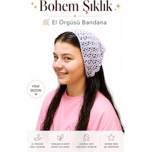 Kadın El Örgüsü Saç Bandanası Bohem Kombin Bone Yazlık Bandana Saç Aksesuarı Lila Renk Beyaz