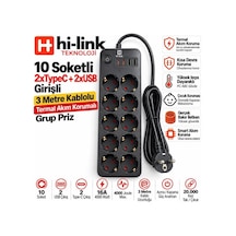 Hi-link 10 Soketli 2xtype-c +2xusb Girişli 3 Metre Kablolu Akım Korumalı Grup Priz 3 M