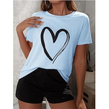 Hırsch Kadın Bebe Mavisi Oversize Bisiklet Yaka Kalp Baskılı T-shirt Bebe Mavisi