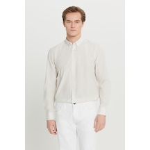 AC&Co / Altınyıldız Classics Erkek Beyaz Bej Pamuklu Tailored Slim Fit Dar Kesim Düğmeli Klasik Yaka Çizgili Gömlek Beyaz Bej