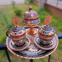 İkili Gül Çiçek Bakır Çay ve Nescafe Takımı