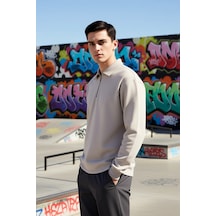 Benerly Erkek Gömlek Yaka Fermuarlı Uzun Kol Oversize Kalıp Sweatshirt Fo Gri