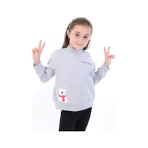 Toontoy Kız Çocuk Baskılı Relax Fit Dik Yaka Düşük Omuz Sweatshirt - Sol Omuz Çıtçıtlı Gri