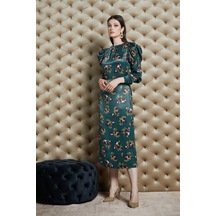 Emprime Desenli Saten Dokulu Midi Elbise Şık Ve Modern Stil Yeşil