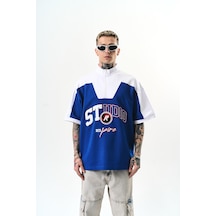Respire Erkek Studio Nakışlı Yarım Fermuarlı Oversize T-shirt Saks