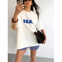 Sea. Yazı T-shirt - Beyaz Baskılı Oversize Bisiklet Yaka Kısa Kol Tişört Beyaz