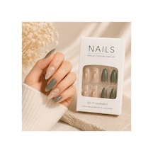Zelüx - Haki Yeşil Çiçek Desenli - 24 Adet Yapıştırma Tırnak Sanatı Seti Nail Art