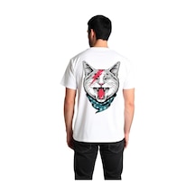 Paybuy Erkek Baskılı Tişört Kedi Motifi Şimşek Çakması Bandana Detaylı R Beyaz