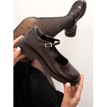 Dabab Shoes Berlın Kadın Acı Kahve Cilt Mary Jane Yuvarlak Burun 2 Cm Kalın Taban Tokalı Babet Loafer Ayakkabı Kahverengi