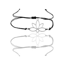 Gümüş Lotus Yaşam Çiçeği Siyah İpli Bileklik