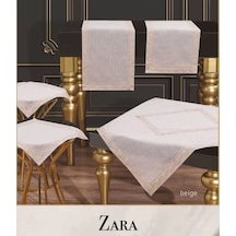 Salon Takımı 5 Parça Dantelli Keten Masa Örtüsü Runner Seti Çeyizlik Zara Model Bej Çok Renkli