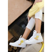 Kadın Vegan Deri Beyaz High Sneakers - Warner Bros Tweety Classic Tasarım Çok Renkli