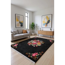 Çiçek Motifli Modern Halı Dekoratif Kilim Siyah