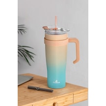 İçi 304 Kalite Paslanmaz Çelik 1000 Ml Pipetli Termos Çift Katmanlı Renk Geçişli , Sızdırmaz Bardak Pembe Mavi