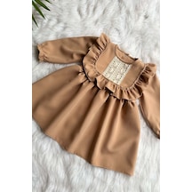 Dantel Detaylı Fırfırlı Camel Sütlü Kahve ve Kız Çocuk Bebek Elbise Kahverengi Dantel Detaylı Fırfırlı Camel Sütlü Kahve ve Kız Çocuk Bebek Elbise Kahverengi