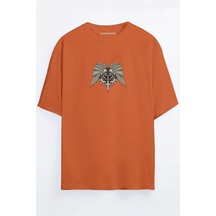 Kılıc Iskelet Baskılı Unisex Siyah - Beyaz - Turuncu - Bej Oversize T-shirt Turuncu