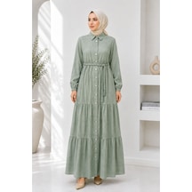 Miss Meliss Tencel Kumaş Örgü Kemerli Gömlek Yaka Düğmeli Boydan Elbise Yeşil Yeşil