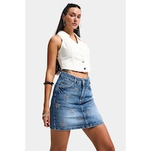 Itsbasic Kadın Mavi T-4s6-4 Straight Mini Parlak Yıldız Taşlı Özel Tasarım Denim Etek