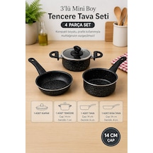 Granit Görünümlü 4 Parça Mini Tencere Tava Seti 14 Cm Çap 3 Tencere 1 Kapak Siyah