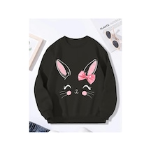 Herkesemoda Sevimli Tavşan Baskı Detaylı Bisiklet Yaka İçi Polarlı Sweatshirt Siyah
