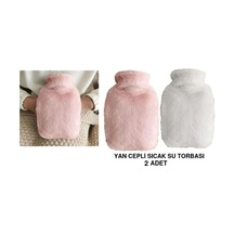 Sıcak Su Torbası 2 Adet,yan Cepli Peluş Termofor 27x17x2cm 750ml Pembe-beyaz
