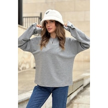 WeShaya Kadın Gri Uzun Kol, Duble Manşet, Yırtmaçlı Yaka, Salaş Sweatshirt Bluz Gri