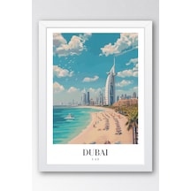 Dubai Uae Vintage Seyahat Posteri Çerçeveli Tablo - Premium Burj Al Arab Elit Duvar Dekoru Beyaz