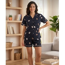 Gamzelirenklerim Pijamoni Siyah Yakalı Düğmeli Şortlu Kısa Kollu Ayıcık Tavşan Desenli Pijama Takımı- 7518-4
